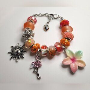 Flamingo Charm Bracelet with Pink and Orange Beads